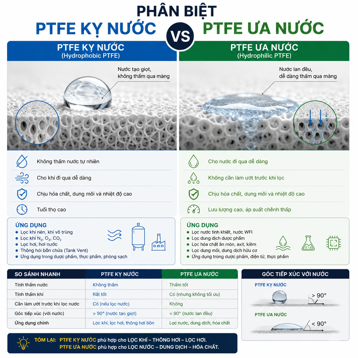 Vật liệu PTFE kỵ nước và ưa nước cùng cách phân biệt chúng